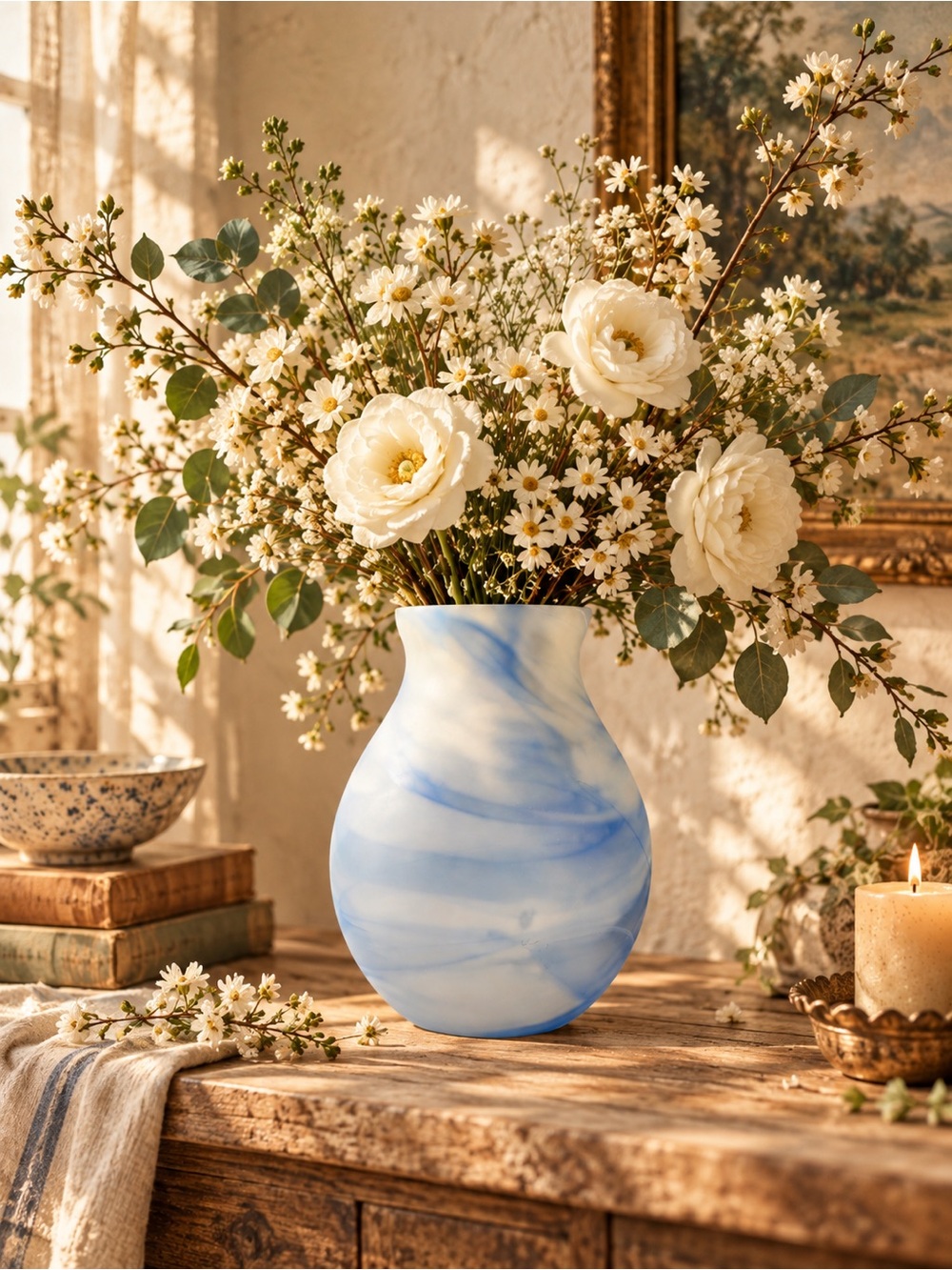 Anthropologie Blue White Marbled Frosted Milky Swirl Glass Vase Cottagecore Boho